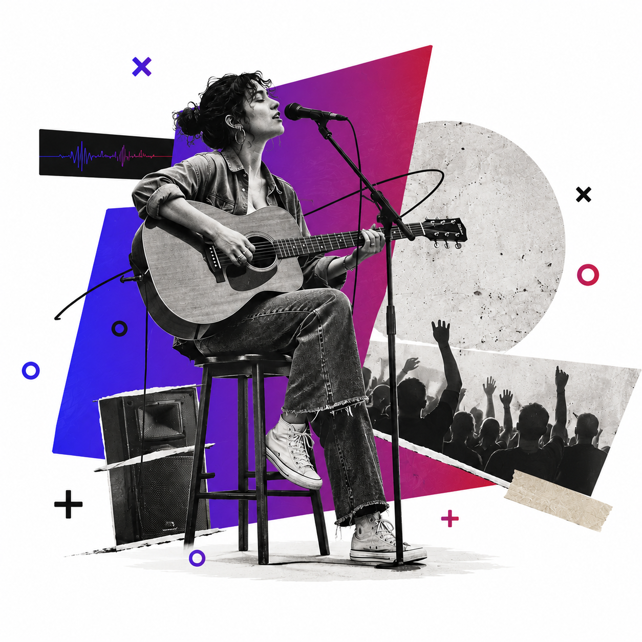 Bee App collage — musician performing, promotional artwork